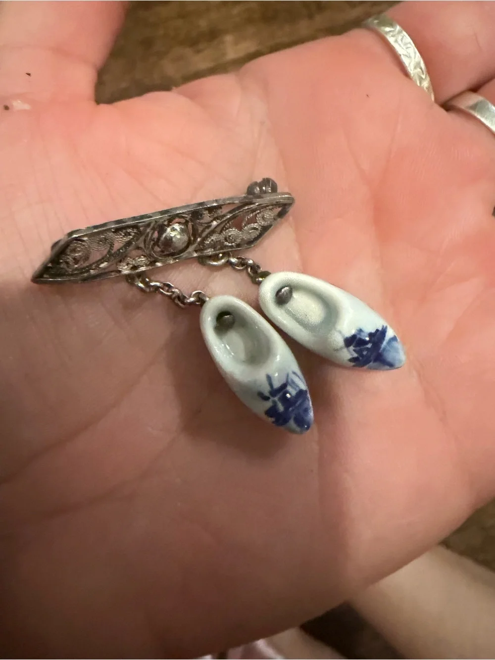 Vintage Brooch Dutch Shoes Clogs White Blue Porcelain Delft Charms Sterling